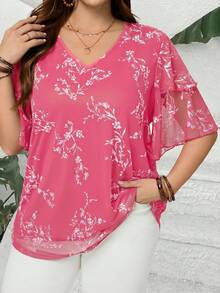 EMERY ROSE Plus Size Women V Neck Short Sleeve Floral Print Ruffle Tunic Blouse,Summer Outfits For Holiday,Vacation Women,Simple And Fashionable Everyday Wear - Hot Pink - View 3
