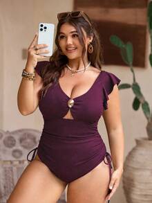Swim Chiccia 1件大码女士黑色连体泳衣，性感度假泳装 - 中紫紅色 - 查看 4