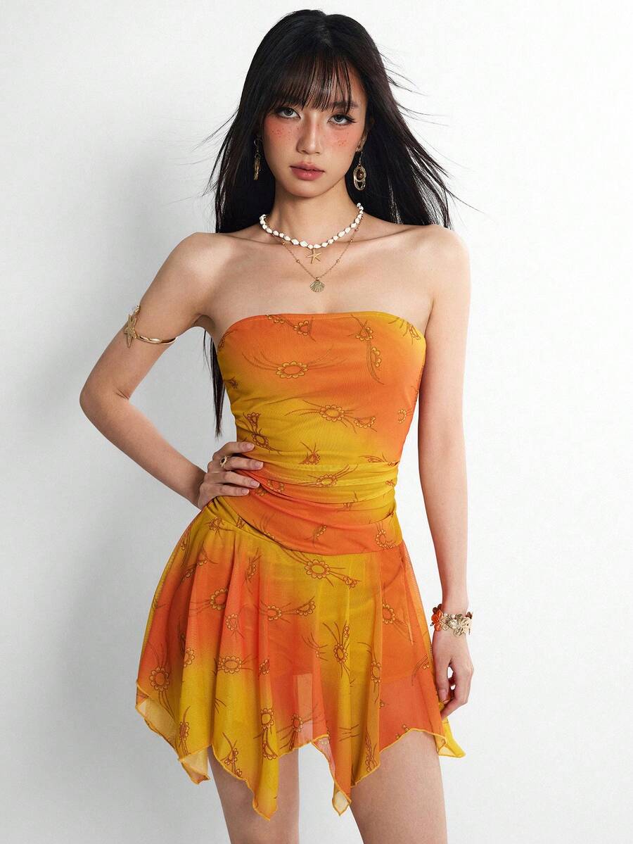 Rina Fox 女士渐变褶皱无肩带连衣裙 - 彩色 - 查看 1