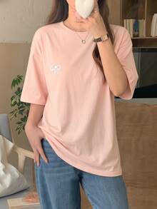 DAZY 女款夏季蝴蝶結刺繡寬鬆短袖圓領T恤 - 粉色 - 查看 3