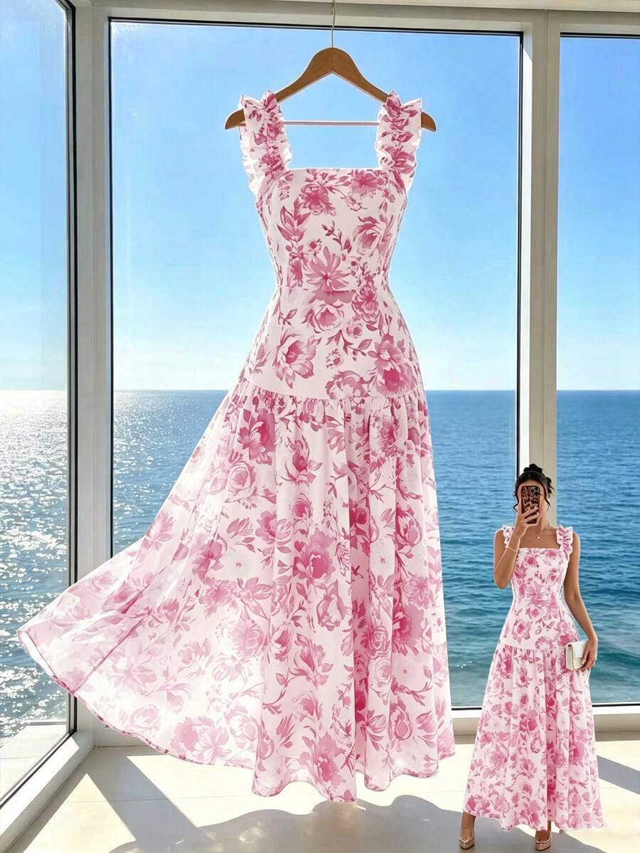Elenzga Đầm hai dây không tay, in họa tiết hoa Pháp lãng mạn màu xanh trắng, cắt ngẫu nhiên, xếp nếp, cổ vuông, thắt eo, dáng xòe rộng, eo thấp, thích hợp cho mùa xuân/hè. - Hồng - Xem 1