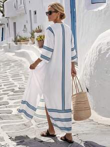 EMERY ROSE Women's V-Neck Color Block Pocket Casual Coastal Chic Party Beach Vacation Dress Holiday Blue And White Stripe Autumn - Multicolor - View 2