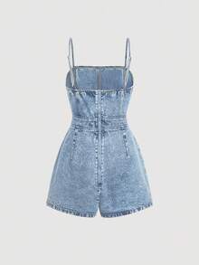 SHEIN MOD Plus Size Denim Jumpsuit, Casual Fitted Mini Blue - Light Wash - View 2