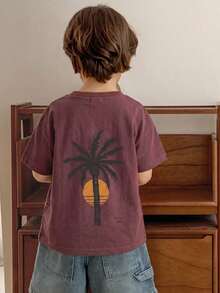 Hapijoa Young Boy Palm Tree Print Round Neck Loose Casual Short Sleeve T-Shirt - Burgundy - View 5
