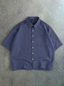PAVTROS Men's Casual Plaid Short Sleeve Shirt, Boxy Loose Fit, Button-Up Suitable For College Campus, Gift Him, World Cup Outdoor Wear - Blue - View 4
