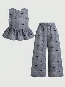 SHEIN 女童休閒日常百搭舒適修身圓領無袖條紋背心與長褲套裝 - 藍色 - 查看 2