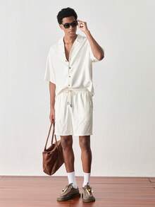SWAVVY Men's Casual Short Sleeve Shirt & Shorts Set - Apricot - View 2