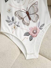 SHEIN Franclia Áo liền thân nữ gợi cảm ôm sát cổ chữ V, in họa tiết thêu giả, thích hợp cho công sở/tiệc tùng, mùa hè. - trắng - Xem 4