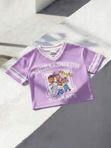 Nick 90s | SHEIN Áo thun ngắn tay cổ chữ V in hình hoạt hình và chữ cái dành cho bé gái, thích hợp mặc mùa hè. - Màu tím  Violet - Xem 3