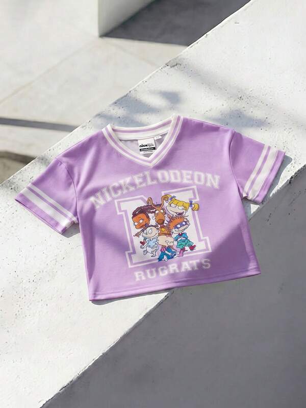 Nick 90s | SHEIN Áo thun ngắn tay cổ chữ V in hình hoạt hình và chữ cái dành cho bé gái, thích hợp mặc mùa hè.