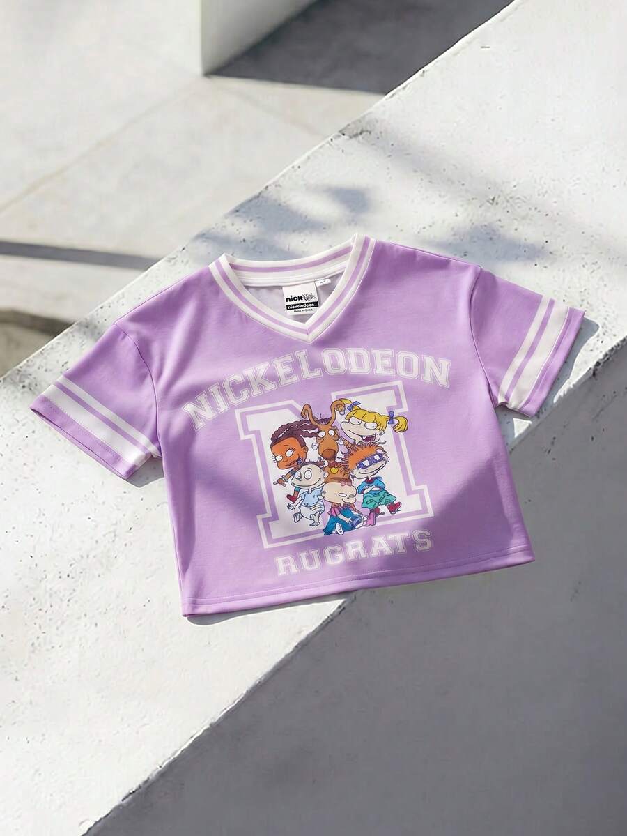 Nick 90s | SHEIN Áo thun ngắn tay cổ chữ V in hình hoạt hình và chữ cái dành cho bé gái, thích hợp mặc mùa hè. - Màu tím Violet - Xem 1