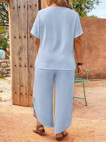 EMERY ROSE Plus Size Women's Baby Blue Contrast Color Casual Smart Casual Top Pants 2 Pieces Set Vacation Summer - Baby Blue - View 2