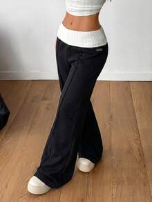 Coolane Quần nỉ nữ dáng rộng phong cách hiphop Y2K, cạp gập, màu trắng, chất liệu 95% cotton, dành cho nữ. - màu đen - Xem 4