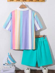 SHEIN 2pcs/Set Teen Boy Casual Collegiate Color Block Polo Shirt & Shorts Set,Summer Streetwear Preppy Outfit For Schooling,Daily Wear & Sports,Resort Wear - Multicolor - View 2