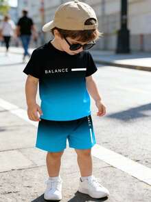 2pcs Baby Boy Casual Set, Gradient Logo Print Round Neck Tank Top Paired With Logo Print Shorts, Suitable For Outings In Summer - Multicolor - View 3