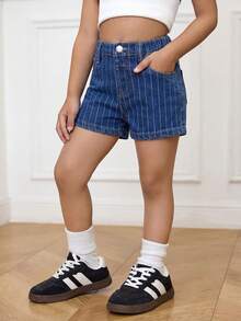 Quần short denim ôm sát kẻ sọc xanh hải quân và trắng dành cho bé gái - Rửa tối - Xem 3