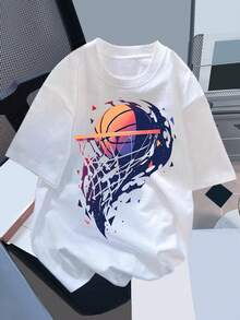 SHEIN Leap Crew Áo thun tay ngắn họa tiết bóng rổ cho bé trai tuổi mới lớn, áo thun cotton mùa hè thường ngày - trắng - Xem 1