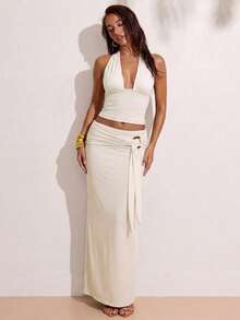 SHEIN BAE Bộ 2 món gồm áo croptop cổ yếm và chân váy maxi cạp thấp xòe tròn dành cho nữ, thích hợp cho kỳ nghỉ thường ngày, đi biển, tiệc cocktail, họp mặt, ăn trưa, dạo chơi, màu nâu. - Màu be - Xem 6