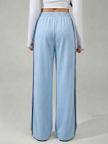 SHEIN Tall Women's Elastic Waist Side Stripe Wide Leg Loose Casual Sweatpants,Back To School, Tall Women - Blue - View 2