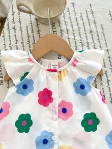 SHEIN 2件套女婴梭织圆领荷叶边碎花休闲衬衫和短裤套装 - 粉色 - 查看 5