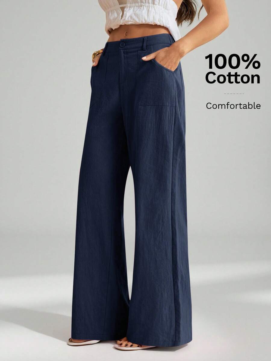 SHEIN Tall Quần ống đứng cạp thấp, chất liệu 100% cotton đã qua xử lý giặt. - Màu xanh hải quân - Xem 1