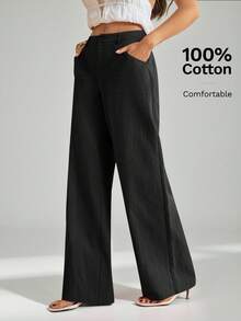 SHEIN Tall 100%水洗棉低腰直筒長褲，適合高個女性 - 黑色 - 查看 3