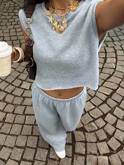 Muchica Women's Casual Sleeveless Loose Cropped Tank Top And Straight Leg Pants Set, Suitable For Summer, Everyday Wear, Women's Outdoor Outfit