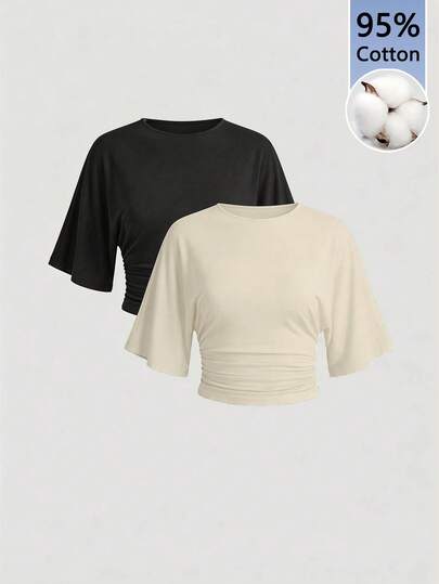 Aloruh 2pcs/Set Summer Casual Solid Color Batwing Sleeve Drawstring Waist Cropped Comfortable 95% Cotton T-Shirts