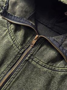 ROMWE MEN Men's Summer Street Loose Frayed Zip-Up Sleeveless Hooded Denim Jacket - Green - View 3