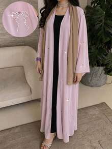 Yasmyna Áo Abaya dài tay thanh lịch dành cho nữ, điểm nhấn là nơ đính đá. - Hồng - Xem 1