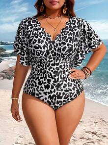 Swim Lushoire Plus Size Leopard Print V-Neck Short Sleeve One-Piece Swimsuit - Multicolor - View 3