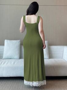 Vibekara Plus Size Diamond Collar Ribbed Contrast Ruffle Cap Sleeve Dress - Army Green - View 2