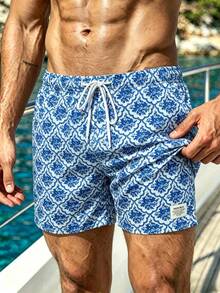 Azuldrift Quần short đi biển nam mùa hè in họa tiết toàn thân, cạp chun, có dây rút. - Màu xanh hải quân - Xem 2