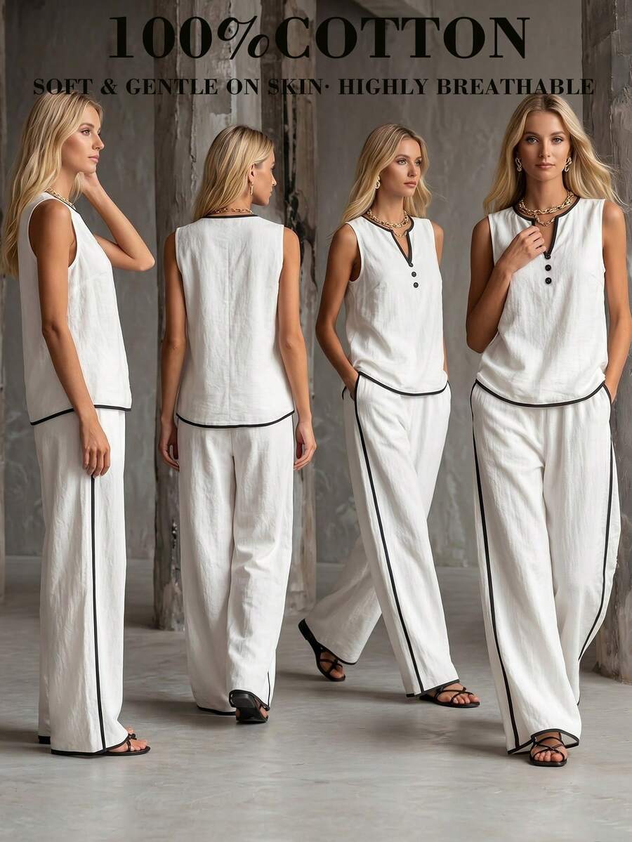 SHEIN Bộ 2 món mùa hè gồm áo không tay cổ chữ V viền tương phản + quần ống rộng viền tương phản thanh lịch, phong cách Bohemian, thường ngày, công sở, cổ điển đen trắng, áo trắng, quần trắng, quần áo đi nghỉ mát, trang phục nữ phong cách đồng quê, bộ đồ 2 món công sở dành cho nữ.