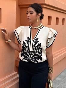 Weeklong Plus Size Women Floral Print Ruffle Trim Loose Blouse, Casual Holiday Top - Multicolor - View 4