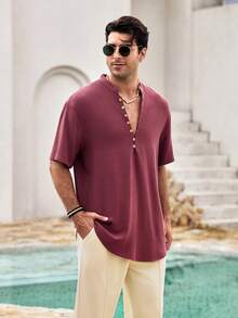 Mercer Haus Men's Short Sleeve Henley Shirt, Summer Deep V-Neck, Skin-Friendly Breathable, Solid Color Minimalist Multi-Button Mature Retro Style, Suitable For Casual, Vacation, Daily Wear - Red - View 7
