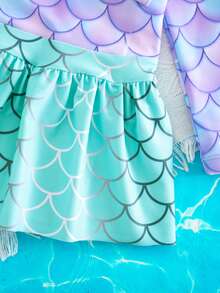 SHEIN Young Girl Bowknot Decor Colorblock Fish Scale Print One-Piece Long Sleeve Swimsuit, Beach Holiday Style - Purple - View 3