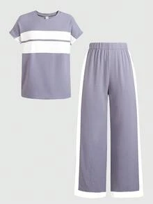 SHEIN 少女撞色针织纯色拼接缎带落肩短袖T恤和裤子两件套休闲套装，返校季/情人节/夏季 - 紫色 - 查看 4