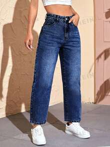 EMERY ROSE Plus Size Women Street Casual Dark Blue Non-Stretch Denim Jeans - Dark Wash - View 3
