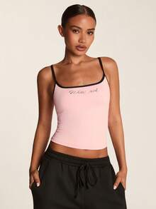 SHEIN BAE Áo tank top thể thao nữ ôm sát, in họa tiết màu hồng - Hồng - Xem 7