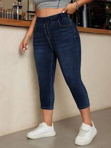 SHEIN ICON Plus Size Women Casual Everyday Commute Versatile Elastic Waist Skinny 3/4 Length Jeans - Dark Wash - View 6