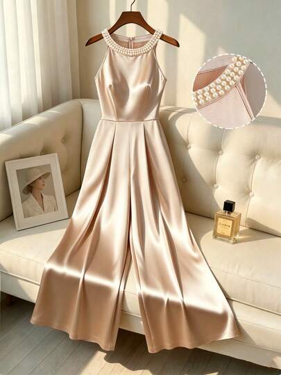 SHEIN Franclia New Spring/Summer Women's Elegant Jumpsuit, Versatile Chic Jumpsuit For Women, Stylish Jumpsuit For Spring/Summer, Champagne Color Minimalist Jumpsuit, Graceful Party Jumpsuit, Elegant Party Jumpsuit For Summer