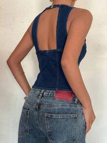 Aloruh Áo denim không tay ôm sát, gợi cảm, khoét ngực, khóa kéo, thời trang dành cho nữ, thích hợp cho mùa hè. - Rửa trung bình - Xem 2