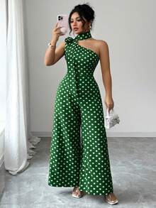 GlowEve CURVE Plus Size Women's Elegant Black & White Polka Dot Asymmetrical Shoulder Jumpsuit, Suitable For Commuting, Spring/Summer - Green - View 3