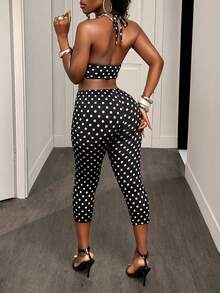 SHEIN PETITE 2pcs/Set Summer Sexy Polka Dot Print Backless Halter Crop Top And Shorts - Multicolor - View 2