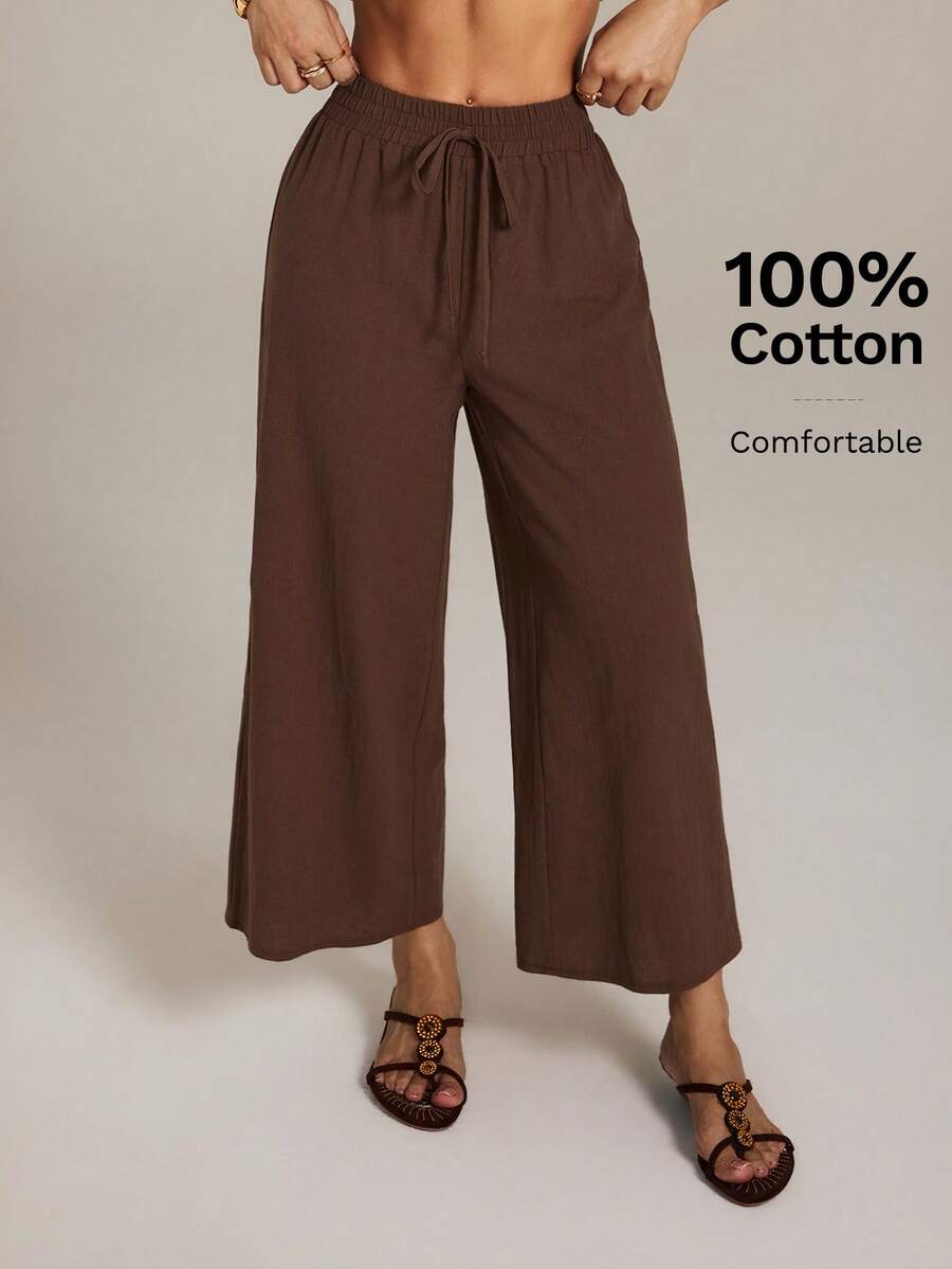 SHEIN PETITE Quần dài đến mắt cá chân nữ chất liệu cotton pha lanh, màu kaki, thích hợp cho mùa tựu trường, đồng phục giáo viên, quần cạp chun mùa thu, quần ống rộng màu nâu cho nữ, quần lanh nữ, quần dáng rộng - màu nâu - Xem 1