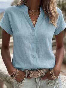 EMERY ROSE Áo blouse nữ phong cách thường ngày và thanh lịch, chất liệu linen pha màu be, cổ đứng, cổ chữ V, tay dơi nửa tay, áo công sở đi làm, áo blouse dáng rộng cổ chữ V nửa tay mặc hàng ngày/hẹn hò & brunch, áo blouse trắng mùa hè - Màu xanh bụi bặm - Xem 4