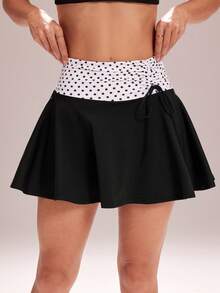 WanderVale Women's Summer Polka Dot Print Drawstring Pleated Twist Casual Sports Yoga Pants Skirt - Black - View 10