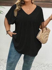 SHEIN CURVE+ Áo thun ngắn tay màu trắng dáng rộng phong cách Boho dành cho phụ nữ cỡ lớn, thích hợp mặc đi nghỉ mát nhân Ngày của Mẹ. - màu đen - Xem 3