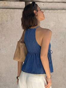 Siren Gaze Áo hai dây denim buộc dây bên hông kiểu dáng thường ngày dành cho nữ, thích hợp cho mùa hè. - Màu xanh lam - Xem 2